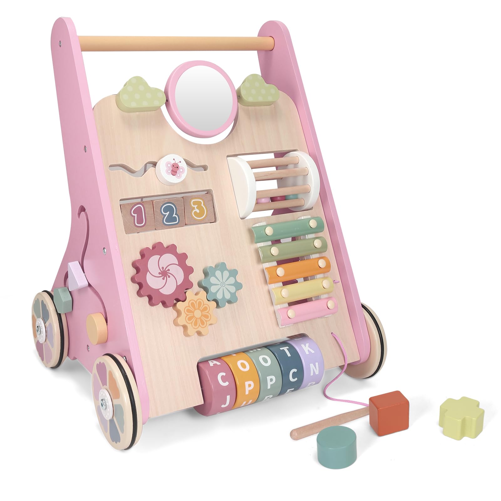 Wooden Montessori Baby Push Walker and Activity Toy - pink