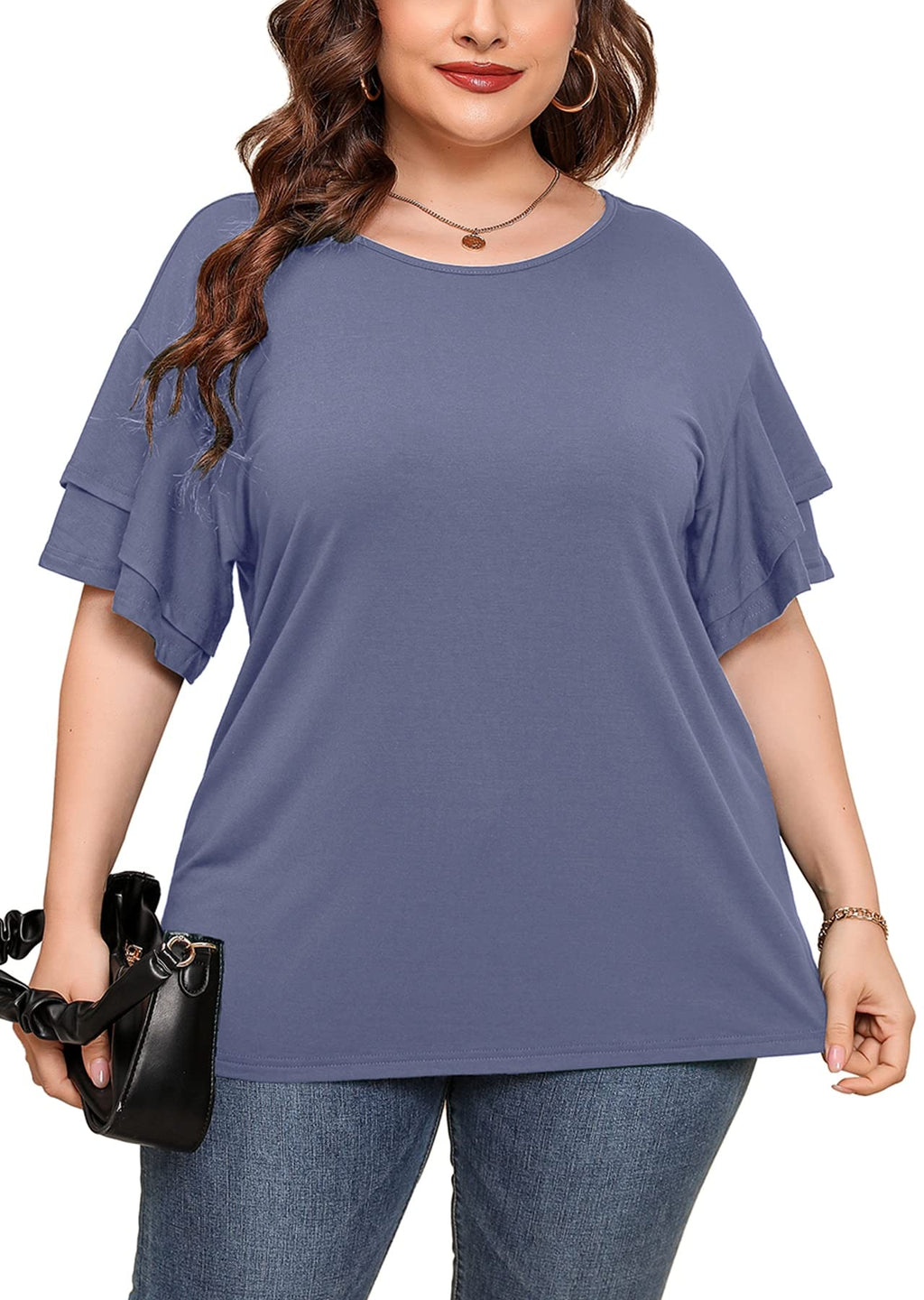 AusLook Plus-Size Double Ruffle Short-Sleeve Tunic Blouse (Blue Grey, 5X)