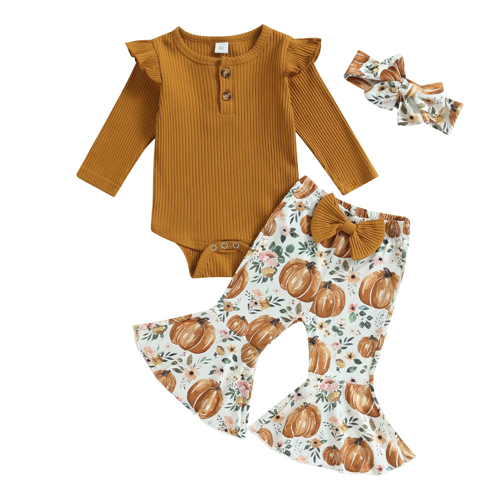 Ruffle Knitted Long-Sleeve Romper & Flare Pants Baby Girl Fall/Halloween Outfit Set (Brown, 3-6 Months)