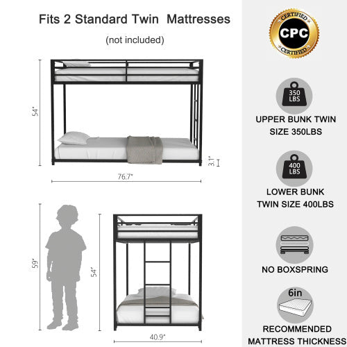 Sturdy Low Profile Twin-Over-Twin Metal Bunk Bed with Ladder (Black)