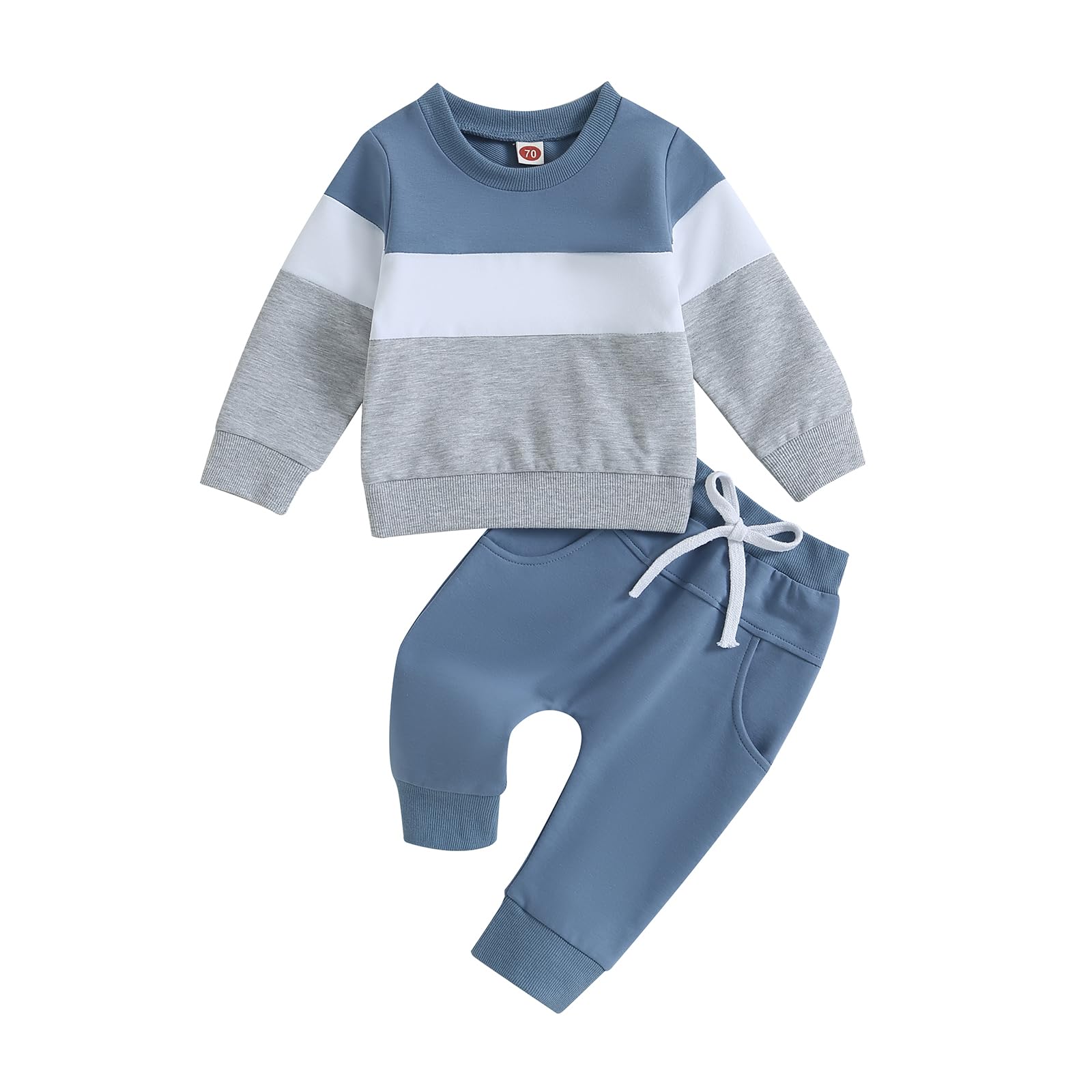 Long-Sleeve Sweatshirt & Elastic Pants Baby Boy Fall Outfit Set (Blue, 6-12 Months)