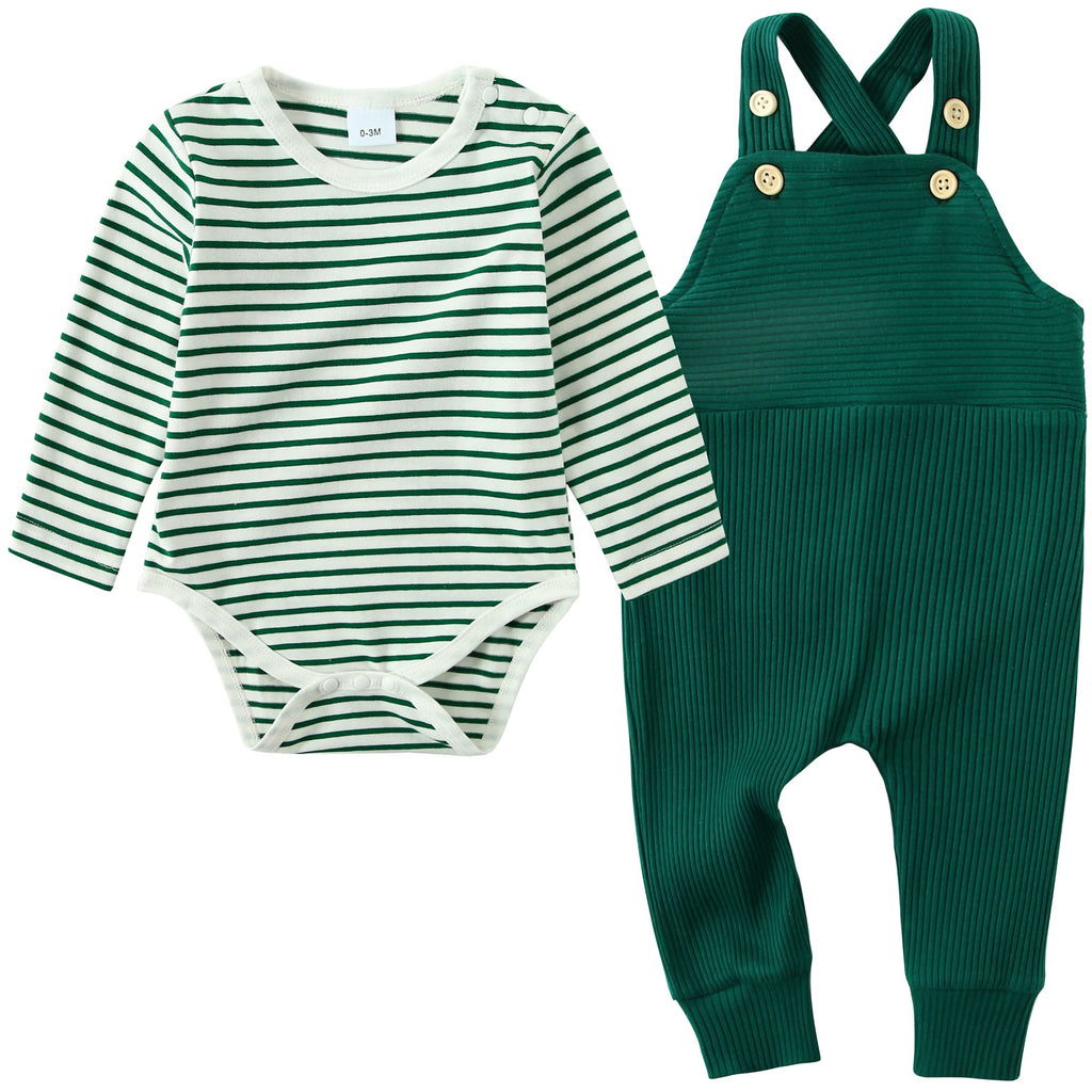 Stripe Top Romper & Pants Baby Boy Outfit Set (Green, 3-6 Months)