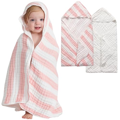 HardNok 9-Layer Muslin Hooded Baby Bath Towel - Pink Striped/White