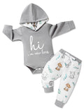 Letter Print Hooded Romper & Animal Pants Baby Boy Winter Outfit Set (3-6 Months)