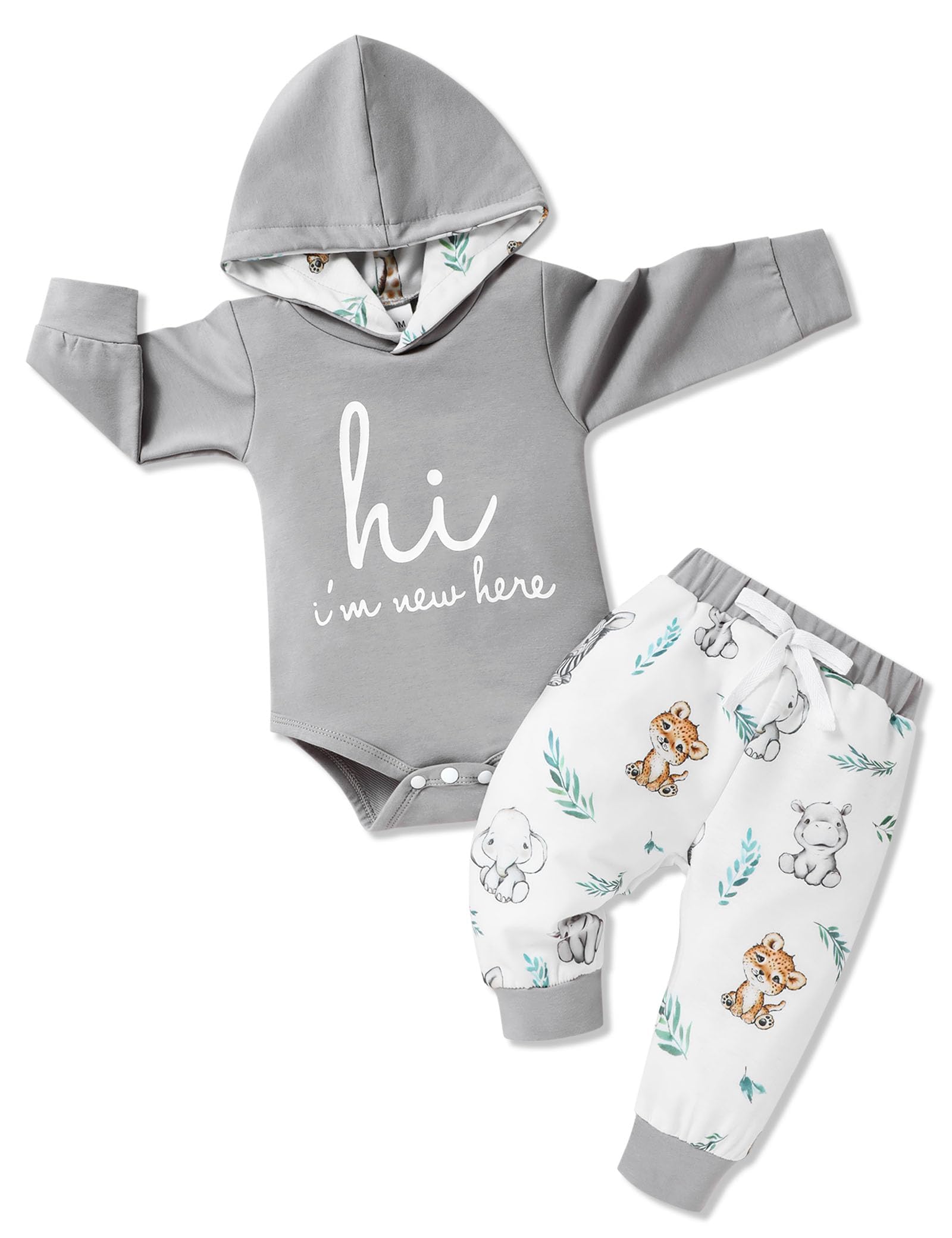 Letter Print Hooded Romper & Animal Pants Baby Boy Winter Outfit Set (3-6 Months)