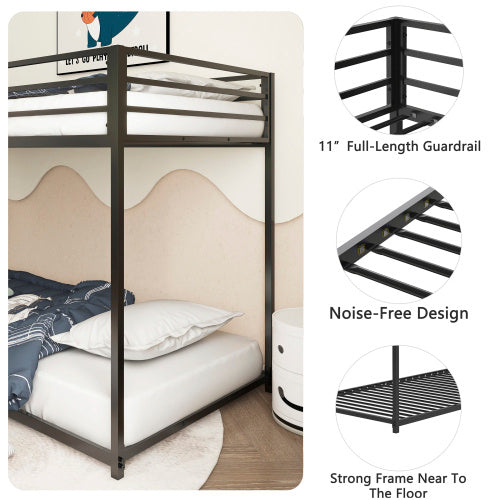 Sturdy Low Profile Twin-Over-Twin Metal Bunk Bed with Ladder (Black)