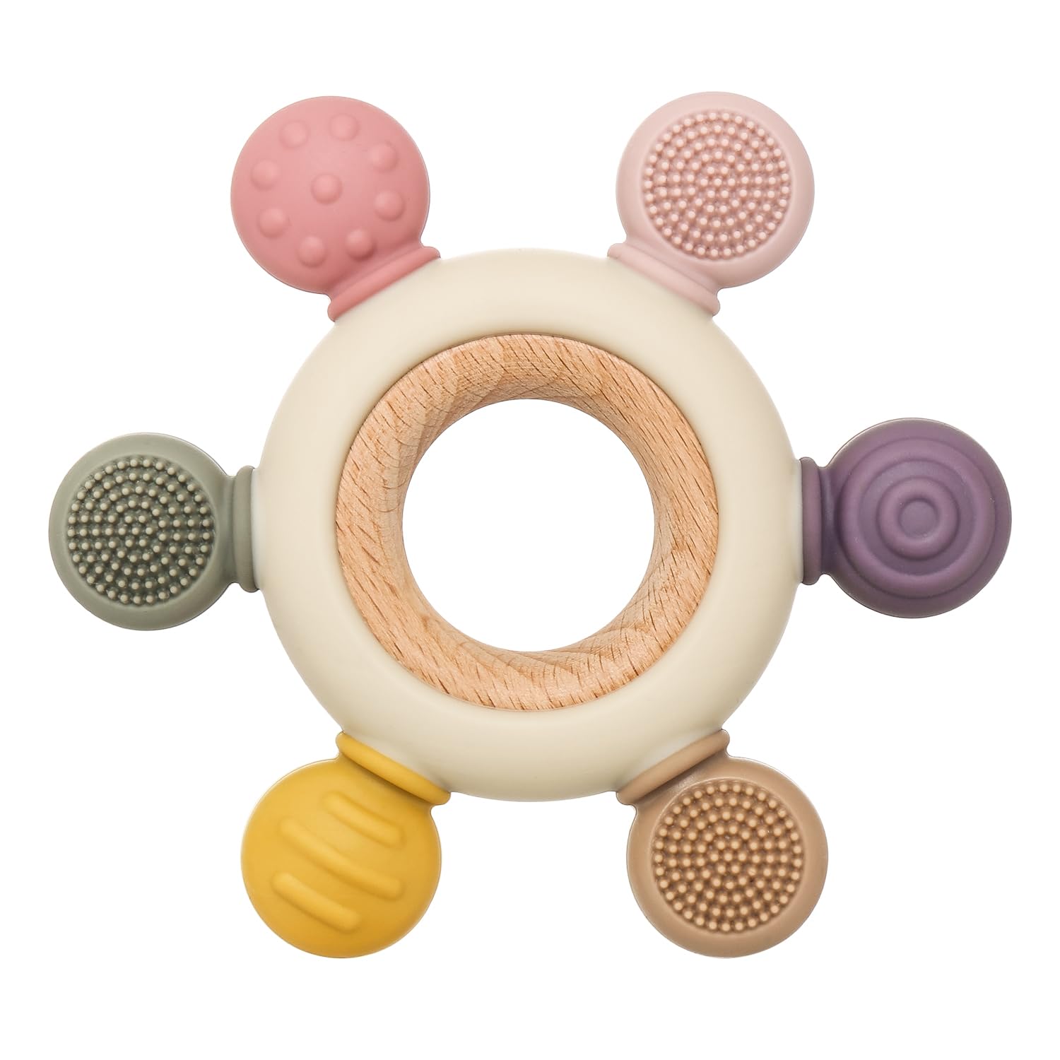 Silicone Rudder & Wooden Ring Baby Teething Toy (Khaki)