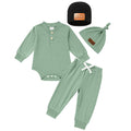 ZOELNIC 4-Piece Cotton Knitted Fall Romper & Matching Hat Set (Light Green, 3-6 Months)