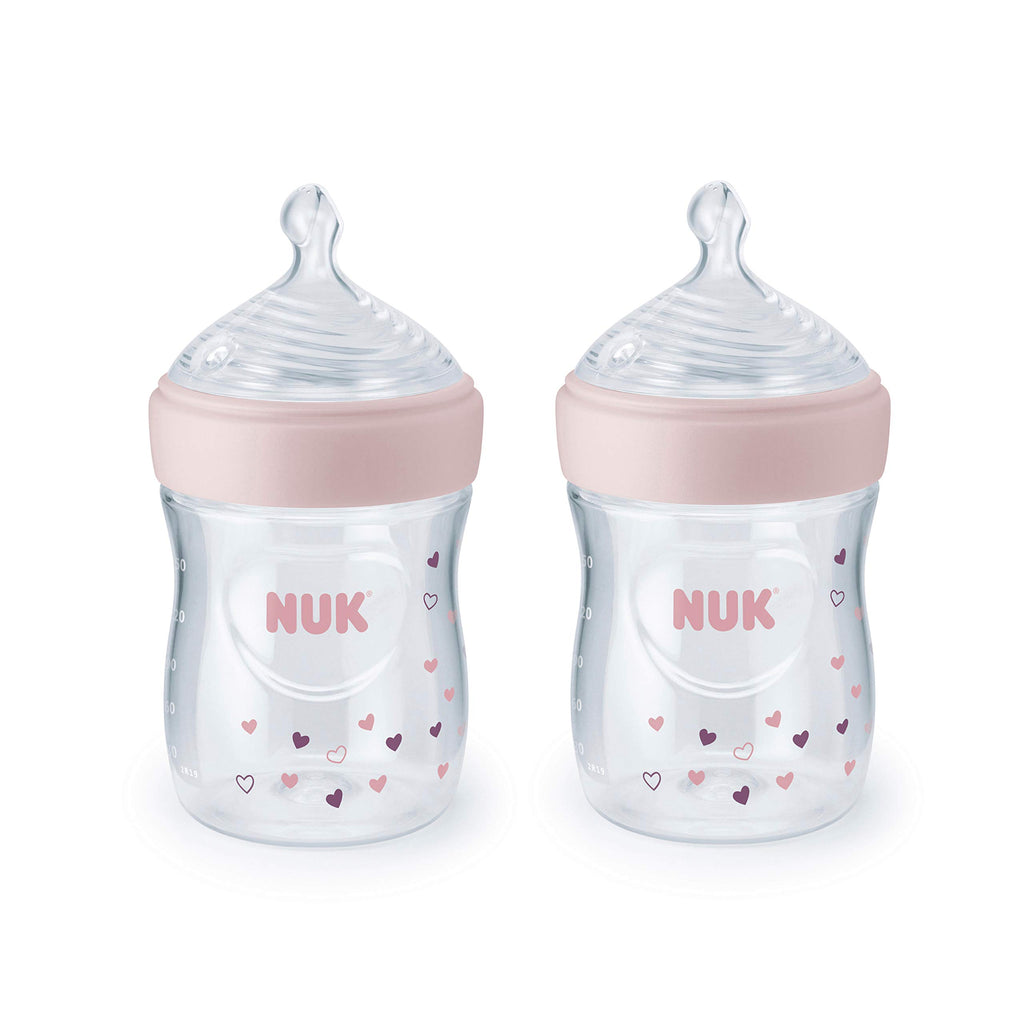NUK Simply Natural SafeTemp Baby Bottle (5 oz, 2-Pack) - Pink Hearts