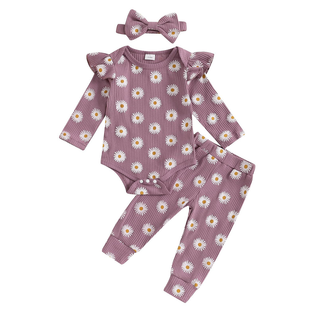 Floral Long-Sleeve Romper & Pants Baby Girl Fall Outfit Set (Daisy Purple, 3-6 Months)