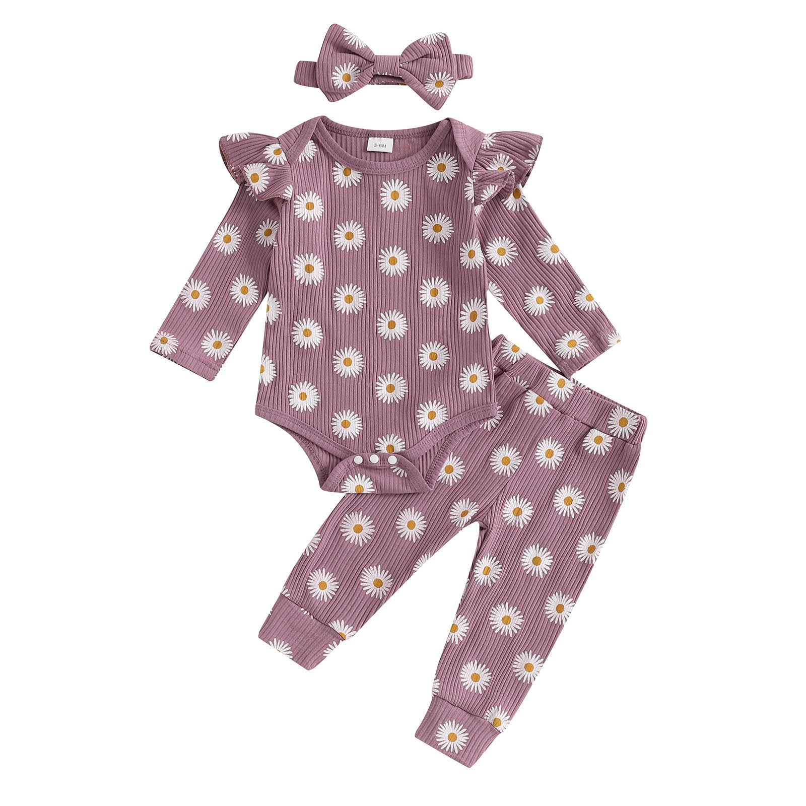 Floral Long-Sleeve Romper & Pants Baby Girl Fall Outfit Set (Daisy Purple, 3-6 Months)