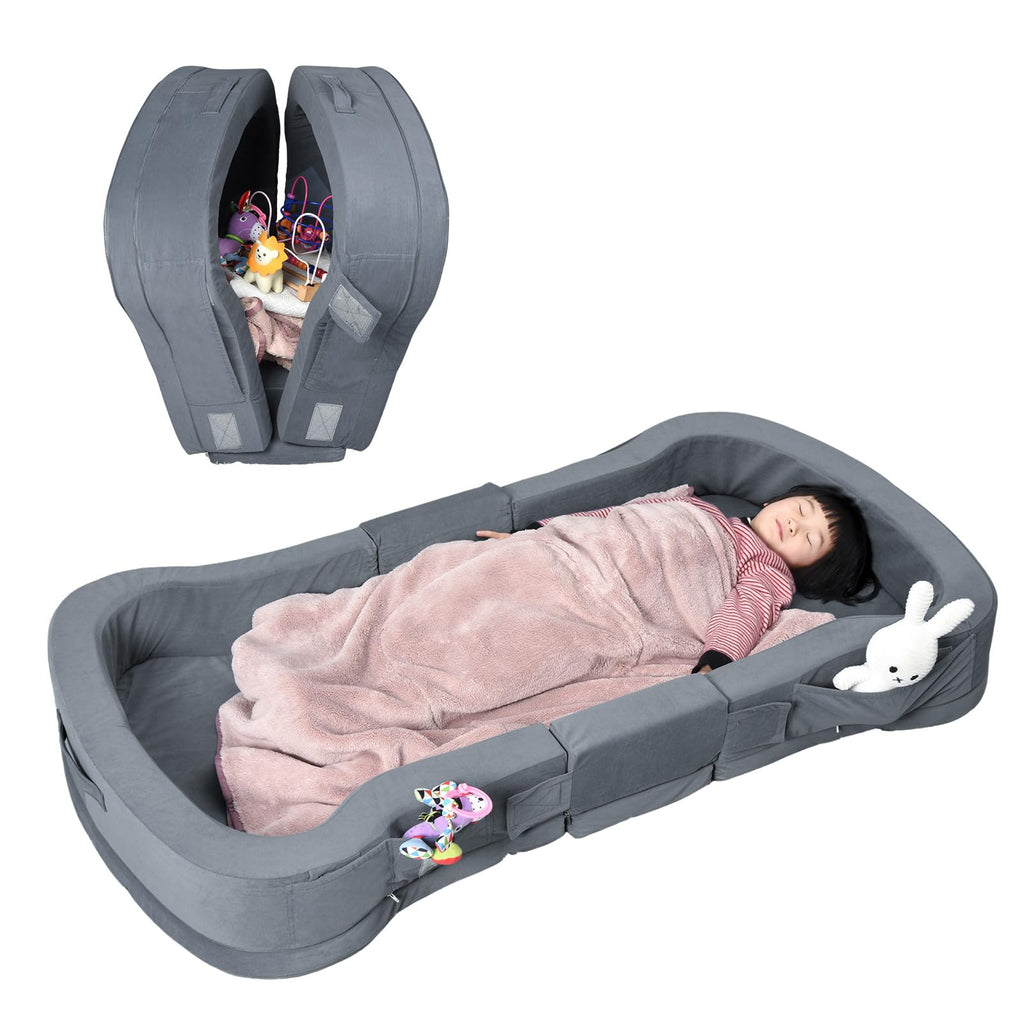 Foldable Portable Toddler Travel Floor Bed with Washable Cover (Gray)