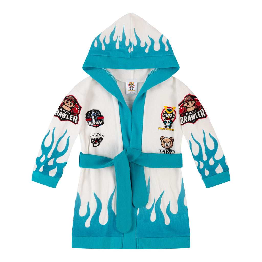 Mini Ronin 100% Cotton Hooded Baby Bathrobe - White/Turquoise (12 Months)