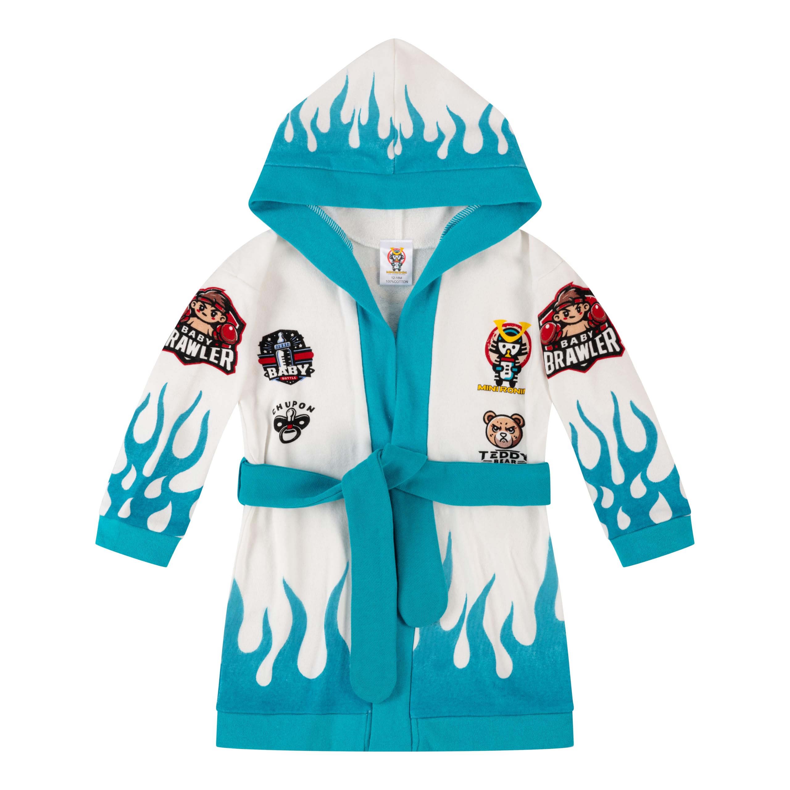 Mini Ronin 100% Cotton Hooded Baby Bathrobe - White/Turquoise (12 Months)