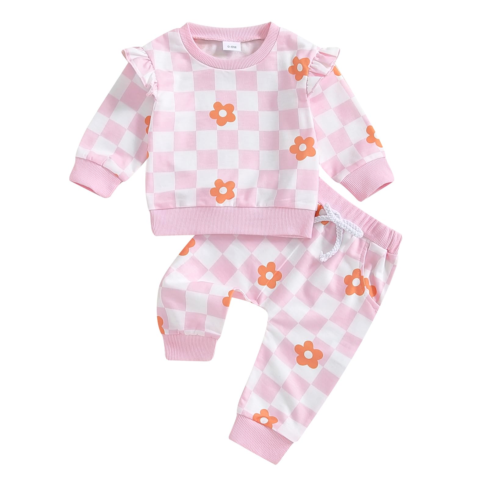 Checkerboard Floral Long-Sleeve Sweatshirt & Pants Toddler Girl Fall/Winter Outfit Set (Pink, 18-24 Months)
