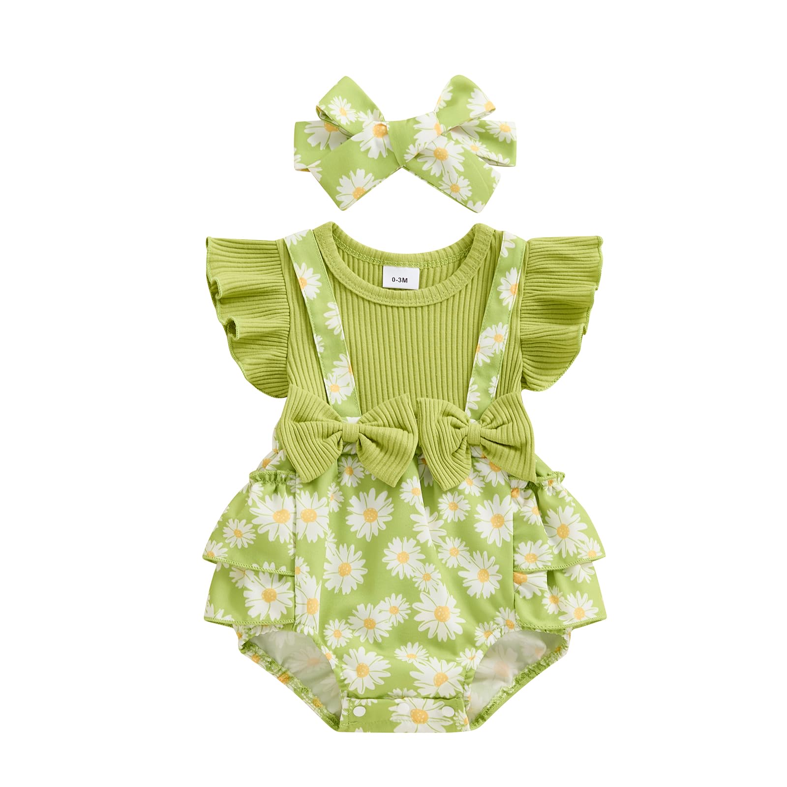 Fly-Sleeve Floral Romper Dress & Headband Summer Baby Girl Outfit Set (Green, 6-9 Months)