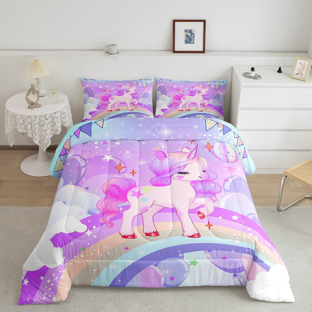 Kawaii Purple Unicorn & Rainbow Reversible Toddler Comforter Set