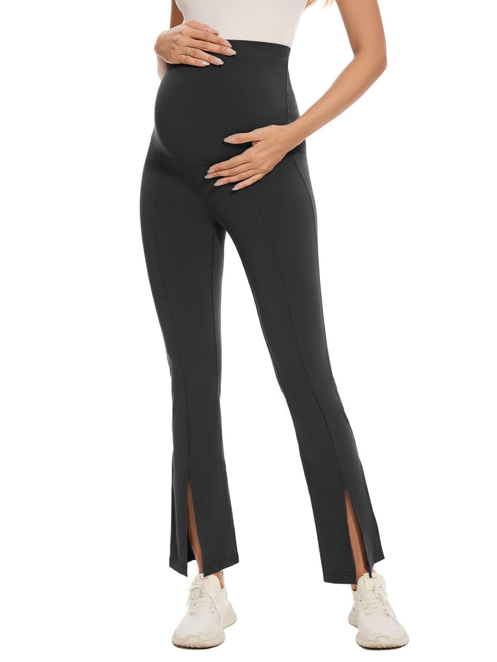 Liu & Qu Over-The-Belly Split-Front Maternity Flare Leggings (Black)