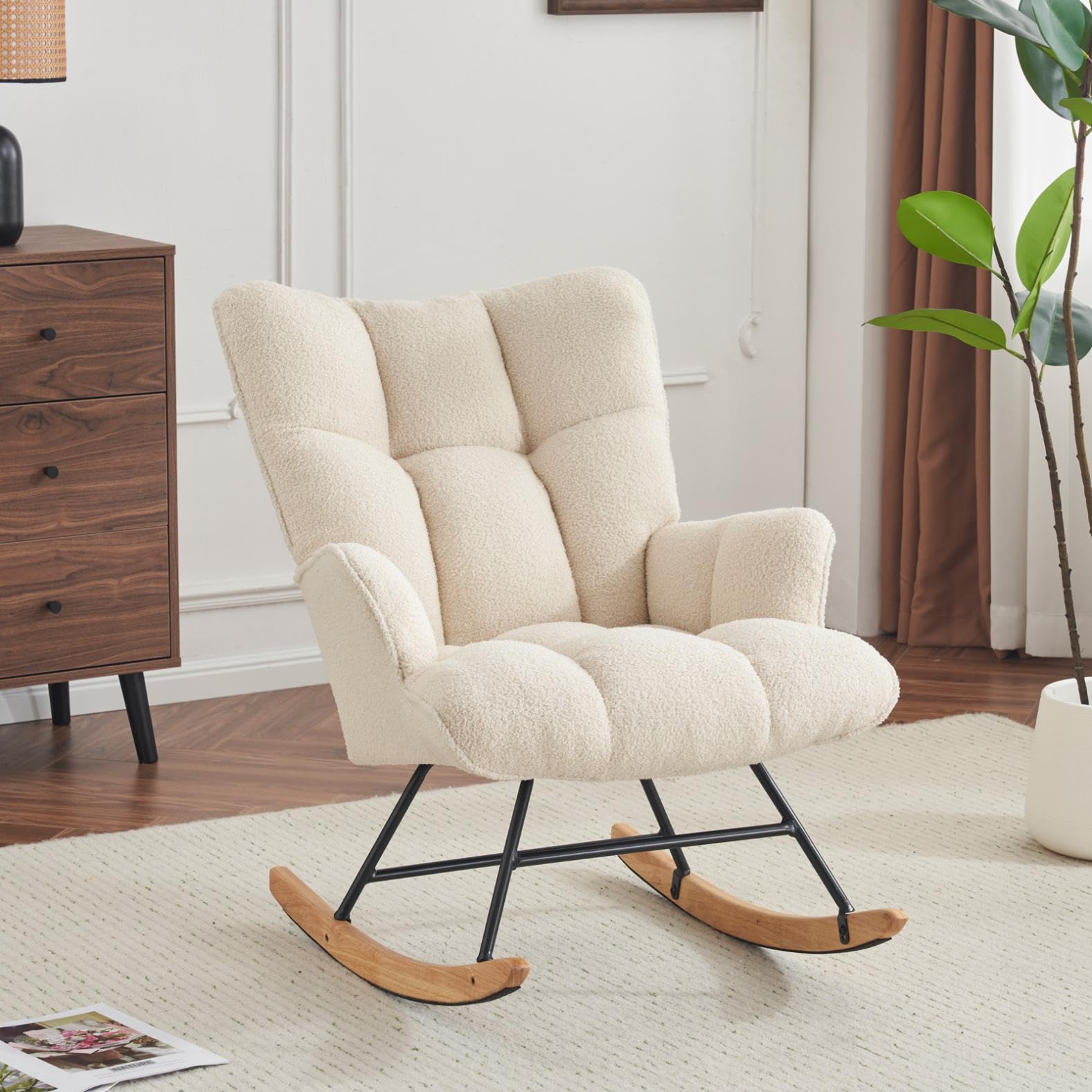 Comfortable Teddy Upholstered Nursery Glider Rocking Chair for Small Spaces (Ivory)