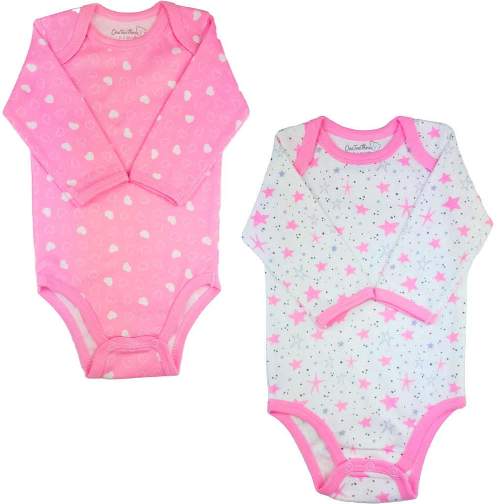 123 Bear 2-Pack Combed Cotton Unisex Baby Bodysuits (Pink, 0-3 Months)
