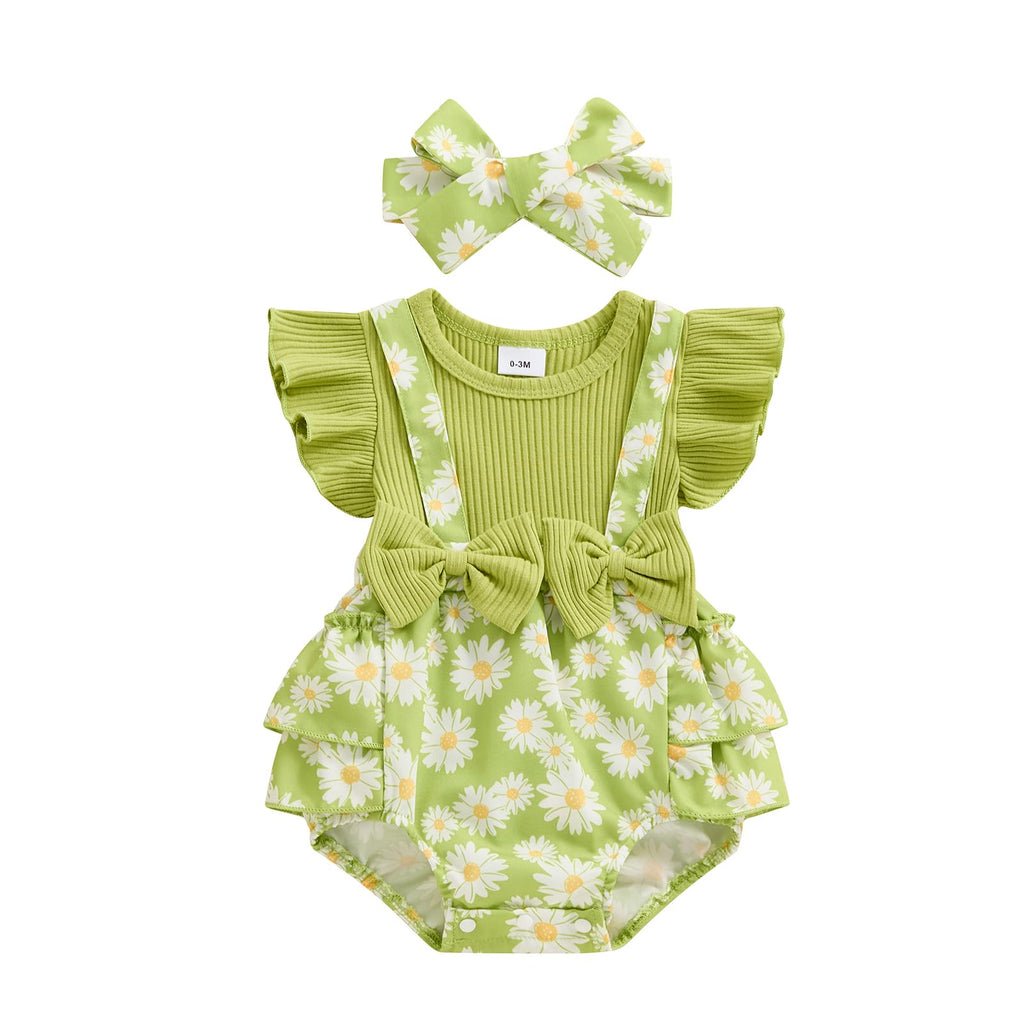 Fly-Sleeve Floral Romper Dress & Headband Summer Baby Girl Outfit Set (Green, 6-9 Months)