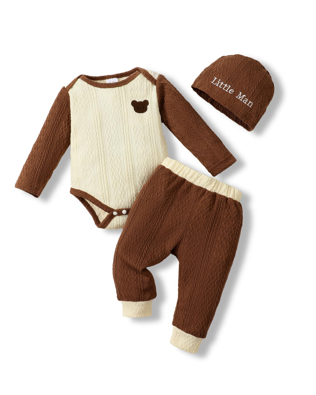 Ribbed Little Man Romper & Brown Pants Baby Boy Winter Outfit Set with Hat (12-18 Months)