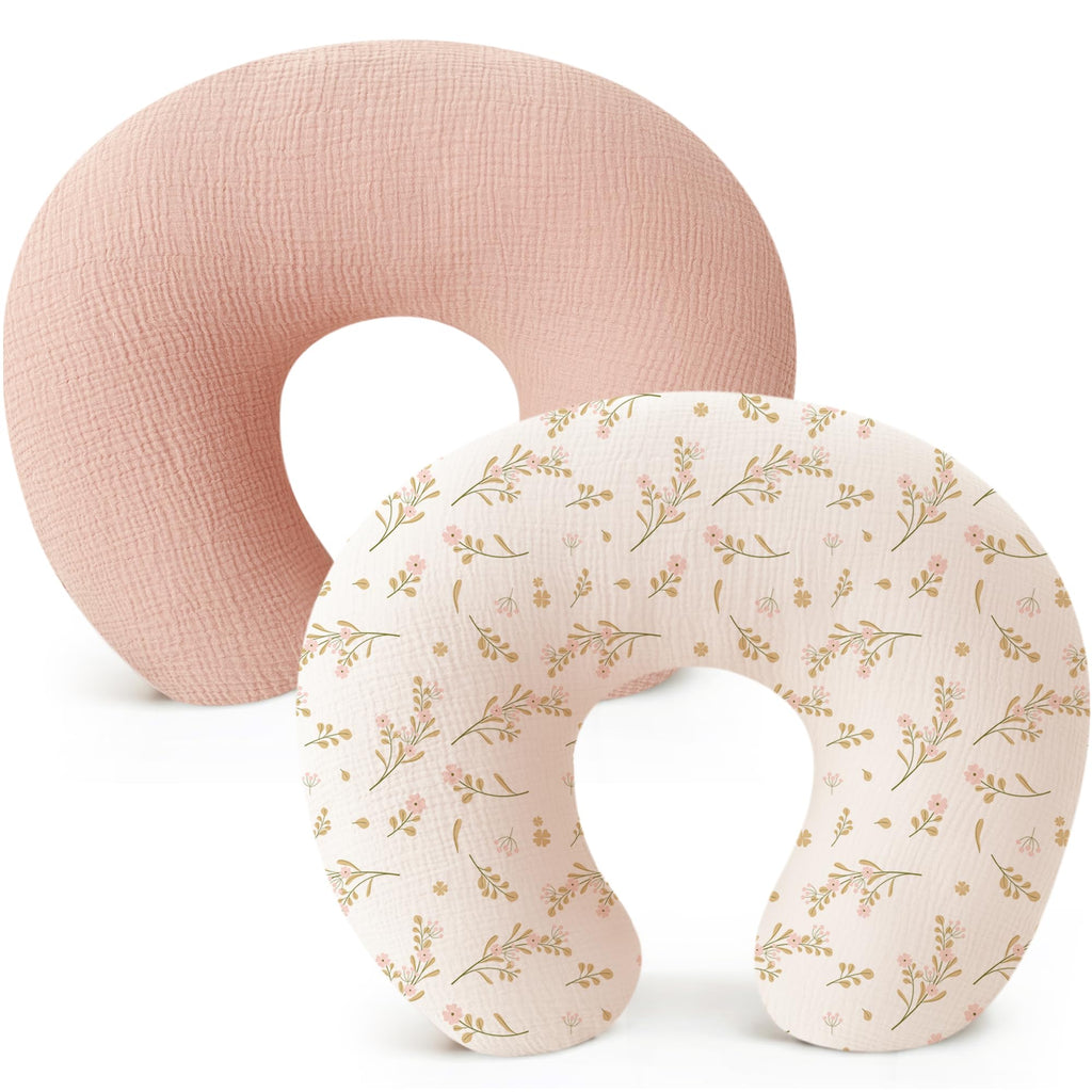 Konssy 2-Pack Muslin Nursing Pillow Slipcovers (Pink Floral)