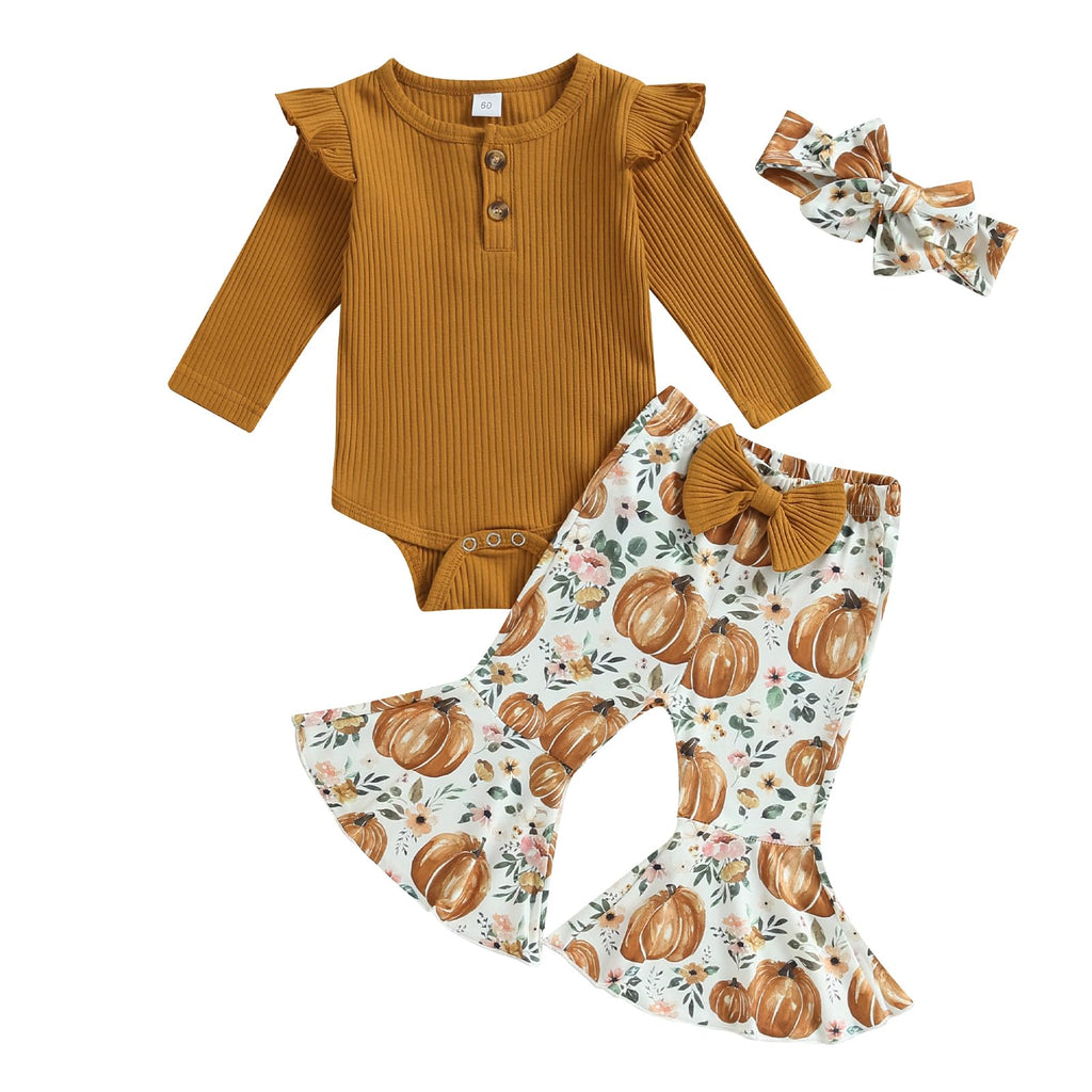 Ruffle Knitted Long-Sleeve Romper & Flare Pants Baby Girl Fall/Halloween Outfit Set (Brown, 3-6 Months)