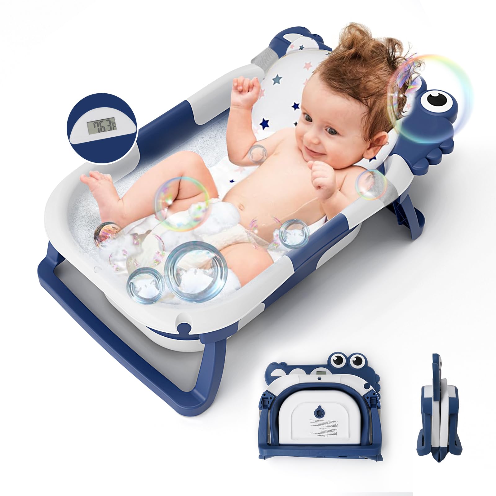 Collapsible Portable Baby Bathtub with Temp Monitor & Cushion - Dark Blue