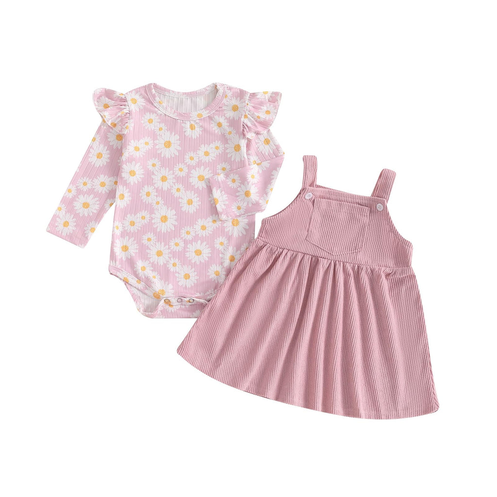 Ruffle Floral Ribbed Romper & Suspender Skirt Baby Girl Fall Outfit Set (Pink, 6-9 Months)