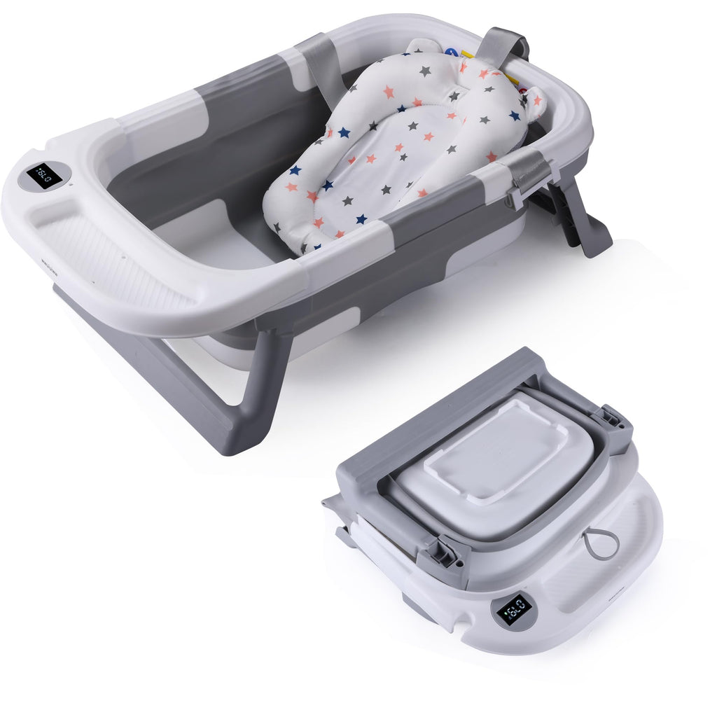 Foldable Portable Baby Bathtub with Mat & Temp Display - Grey