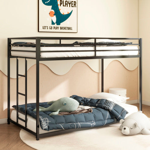 Sturdy Low Profile Twin-Over-Twin Metal Bunk Bed with Ladder (Black)