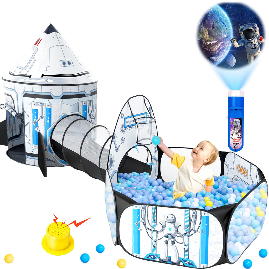 3-Piece Kids Play Tent, Ball Pit, and Crawl Tunnel with Projection Toy - White
