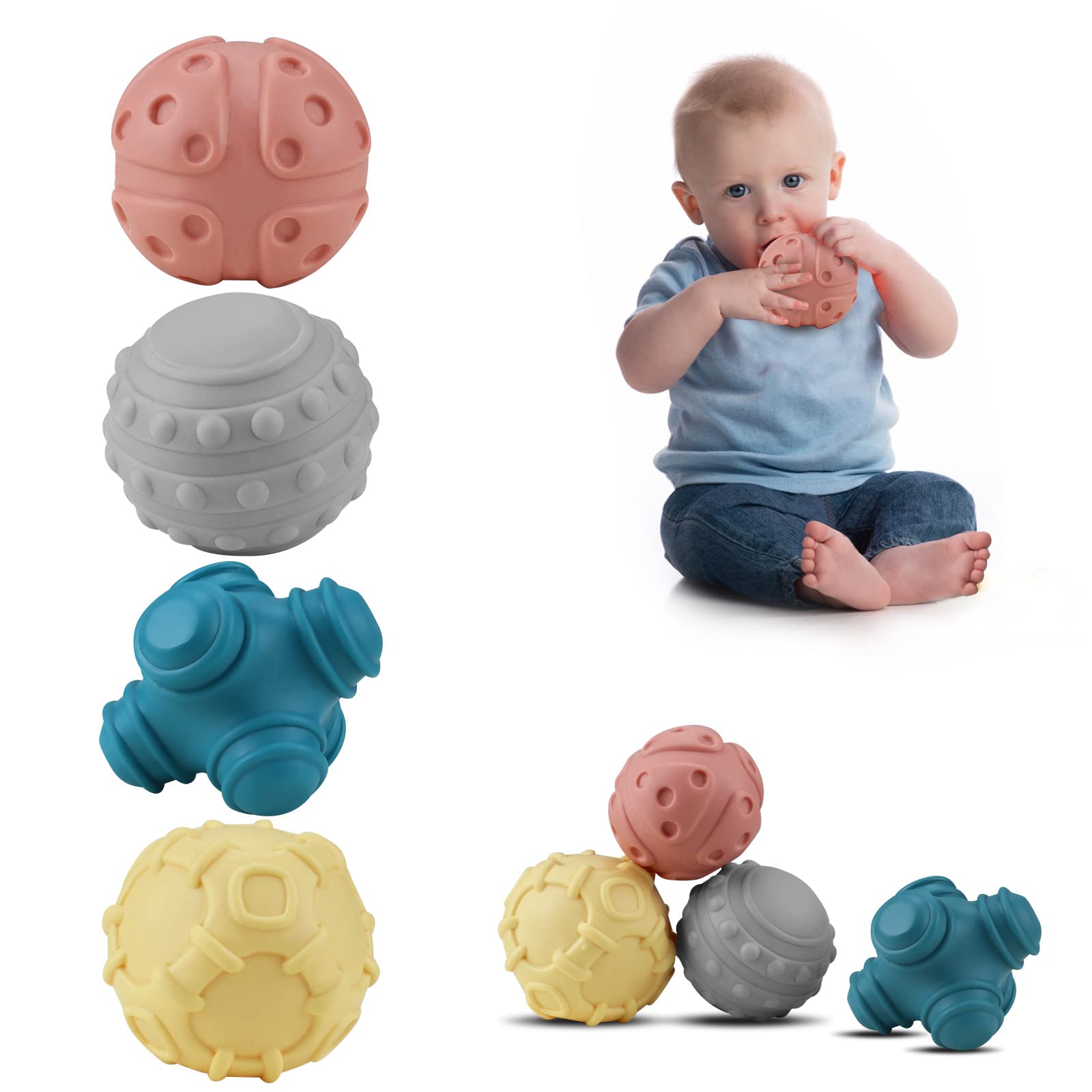 ATKSUNIEE 4-Piece Soft Textured Sensory Baby Bath Ball Set