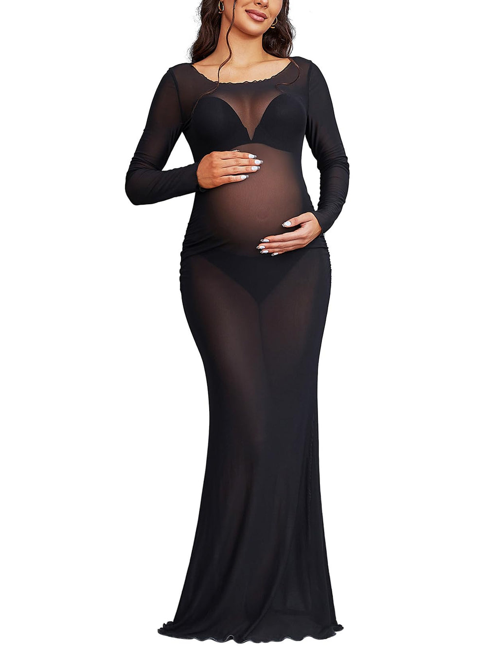 Bhome Long-Sleeve Sheer Mesh Maternity Maxi Gown (Black, Small)